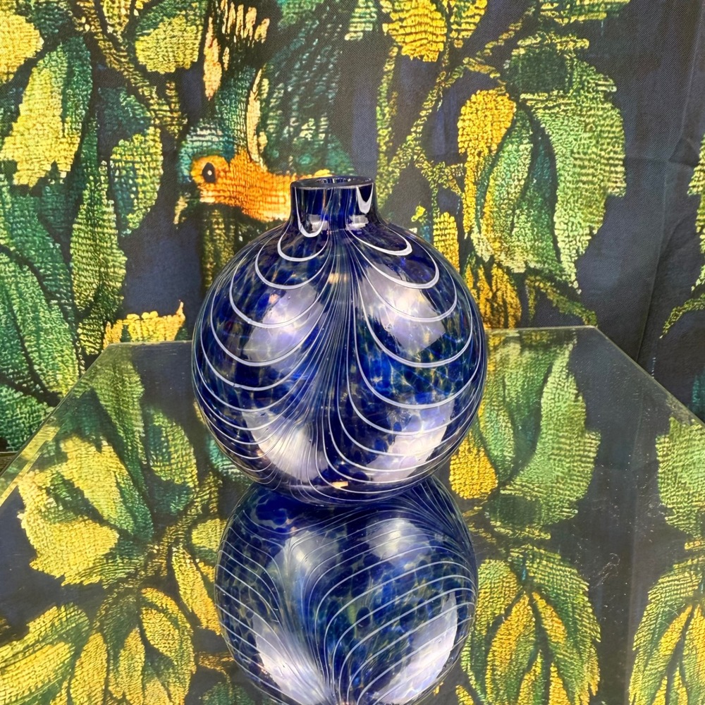Cobalt Blue Hand Blown Vase /Oil Lamp White Feather Swirl Pulled Design 4.25"